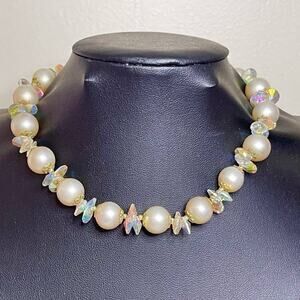 VENDOME Necklace AB Glass Bead Pearl Clear Gold Vtg Estate Jewelry Vintage N19
